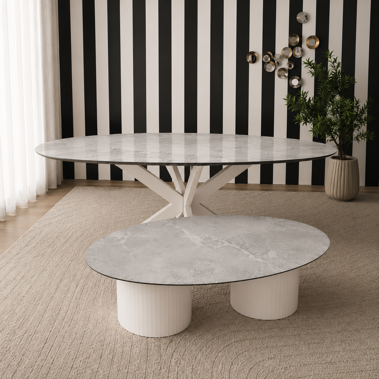 Bergamo Eettafel & Salontafel Set | Digitaal Geprint HPL | Crème | Showmodel Outlet | Direct Leverbaar
