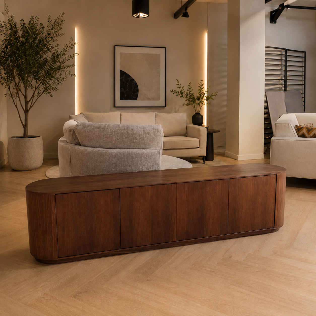Ellips TV Meubel 220 cm – Amerikaans Walnoot | Natuurlijk | Outlet Showmodel