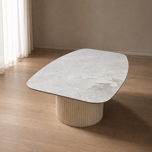 Deense Ovale Salontafel 130 × 70 cm – Digitaal Geprint HPL | Crème | Outlet Showmodel