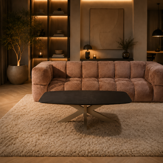 Danisovale Salontafel 130 × 70 cm – Zwarte Eik | Beige Onderstel | Outlet Showmodel
