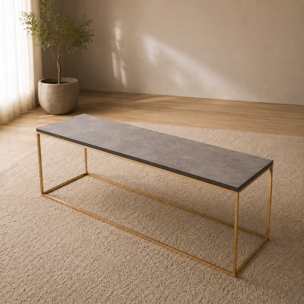 Walton Salontafel 160 × 40 cm | Donker Beton HPL | Goudkleurig Frame | Showmodel Outlet