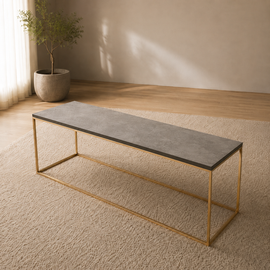 Walton Salontafel 160 × 40 cm | Donker Beton HPL | Goudkleurig Frame | Showmodel Outlet