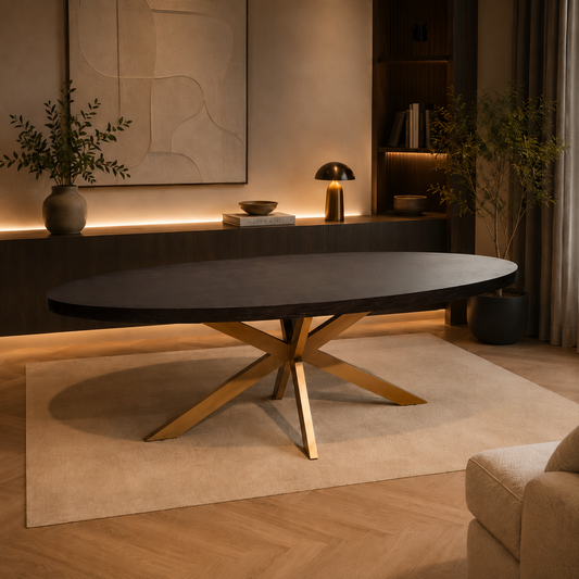 Datca Eettafel Spinnenvoet 180 × 100 cm – Zwart Eiken Fineer | Goudkleurig Onderstel | Outlet Showmodel