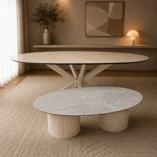 Bergamo Eettafel & Salontafel Set | Marmerlook HPL | Crème | Showmodel Outlet | Direct Leverbaar