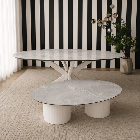 Bergamo Eettafel & Salontafel Set | Digitaal Geprint HPL | Crème | Showmodel Outlet | Direct Leverbaar