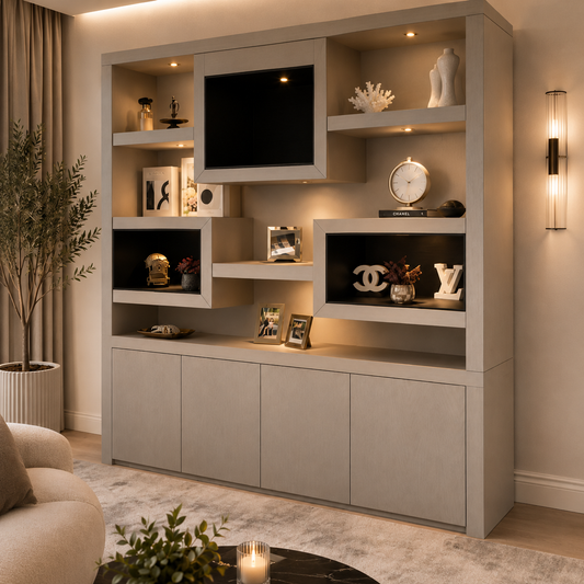 Rotterdam Showcase 200 × 40 × 210 cm | Platina 1 Eiken Fineer | Zwart Eiken Fineer | Outlet Showmodel