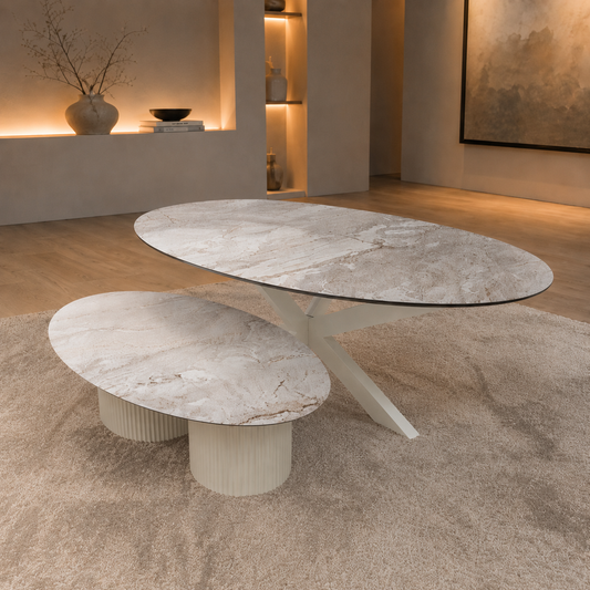 Bergamo Eettafel & Salontafel Set | Marmerlook HPL | Crème | Showmodel Outlet | Direct Leverbaar
