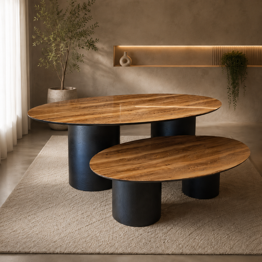 Bergamo Eettafel & Salontafel Set | Glanzend Walnoot HPL | Zwart | Showmodel Outlet | Direct Leverbaar