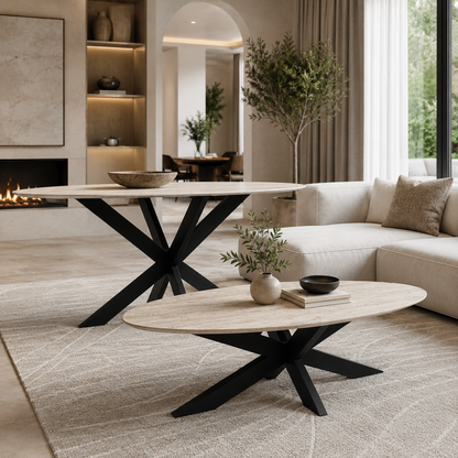 Bergamo eettafel - spiderpoot, travertin HPL - detailfoto