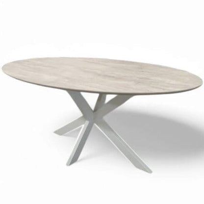 Bergamo eettafel - spiderpoot, travertin HPL - sfeerfoto in interieur