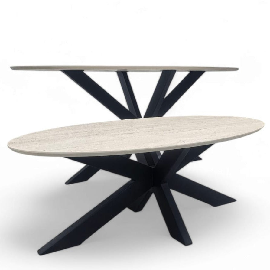 Bergamo eettafel - spiderpoot, travertin HPL - zijaanzicht