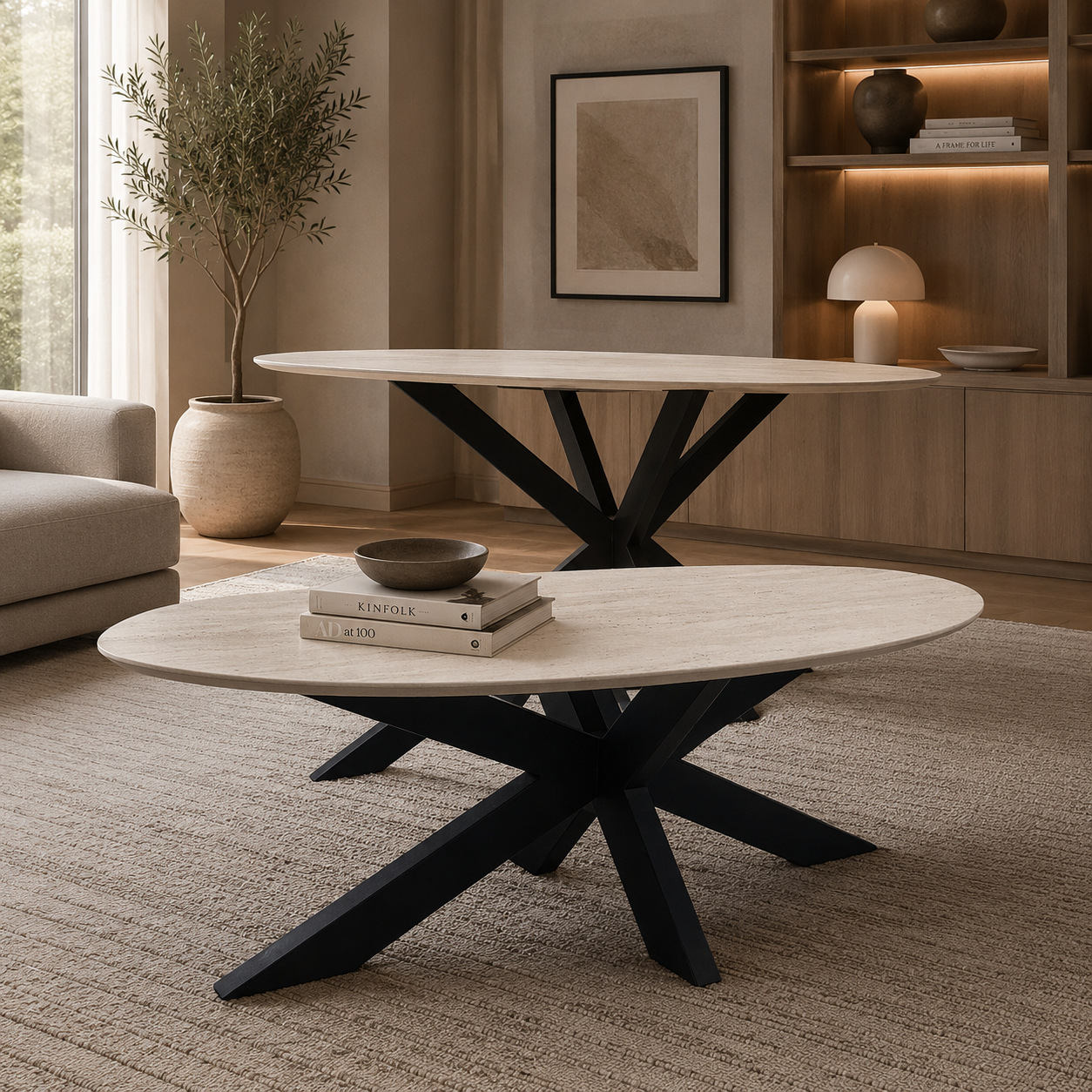 Bergamo salontafel - spiderpoot, travertin HPL