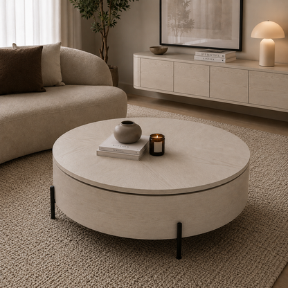 Ronde Salontafel Monza - Crème Eiken Fineer met Zwarte Metalen Poten