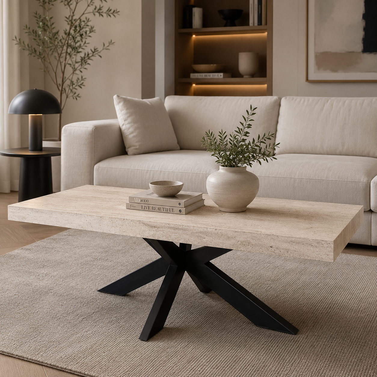 Rotterdam salontafel – spiderpoot, travertin HPL