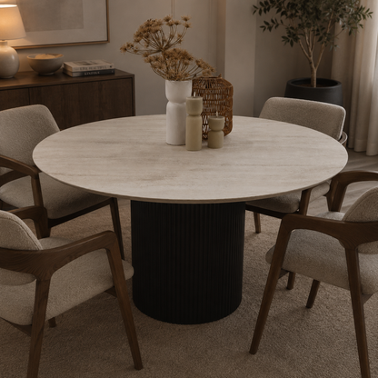 Slim eettafel - Tweety poot, travertin HPL / zwart