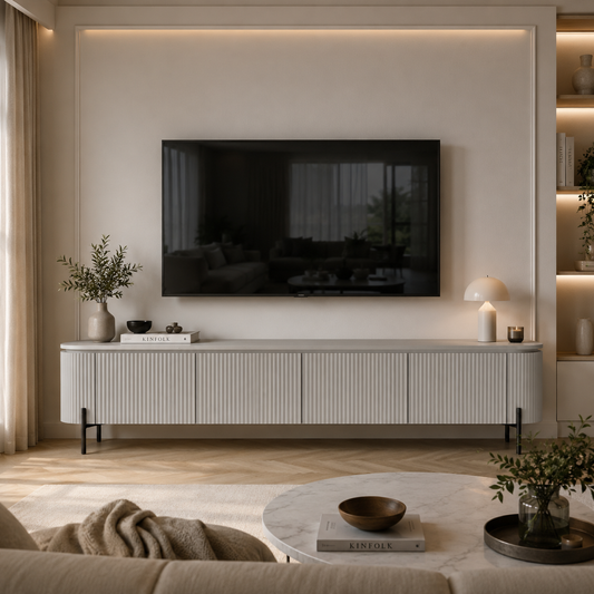 TV-meubel Stone 220cm - Crème MDF met Ribbelfront en Zwarte Metalen Poten