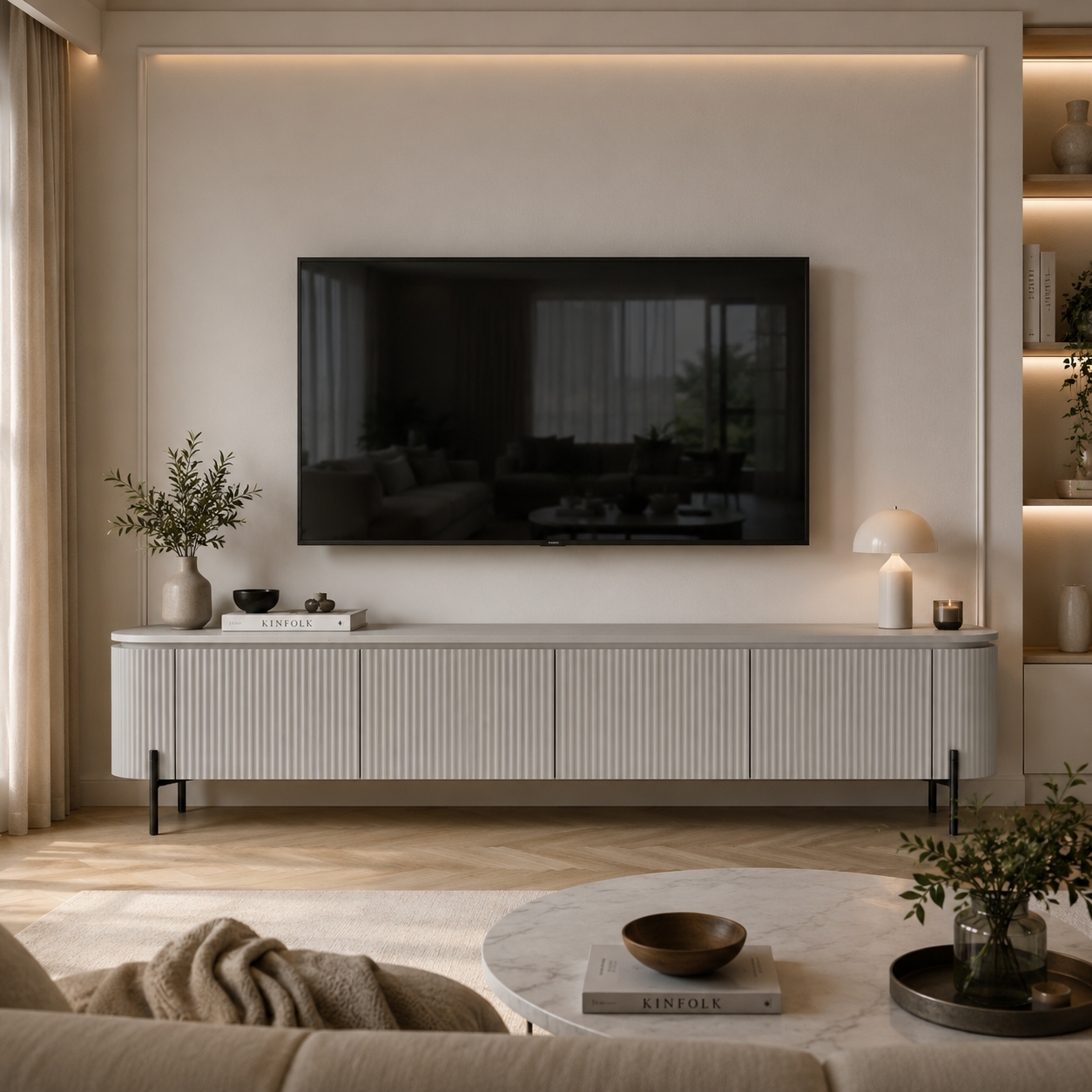 Stone TV Ünitesi 220cm Krem MDF Siyah Metal Ayak – genel ürün görünümü